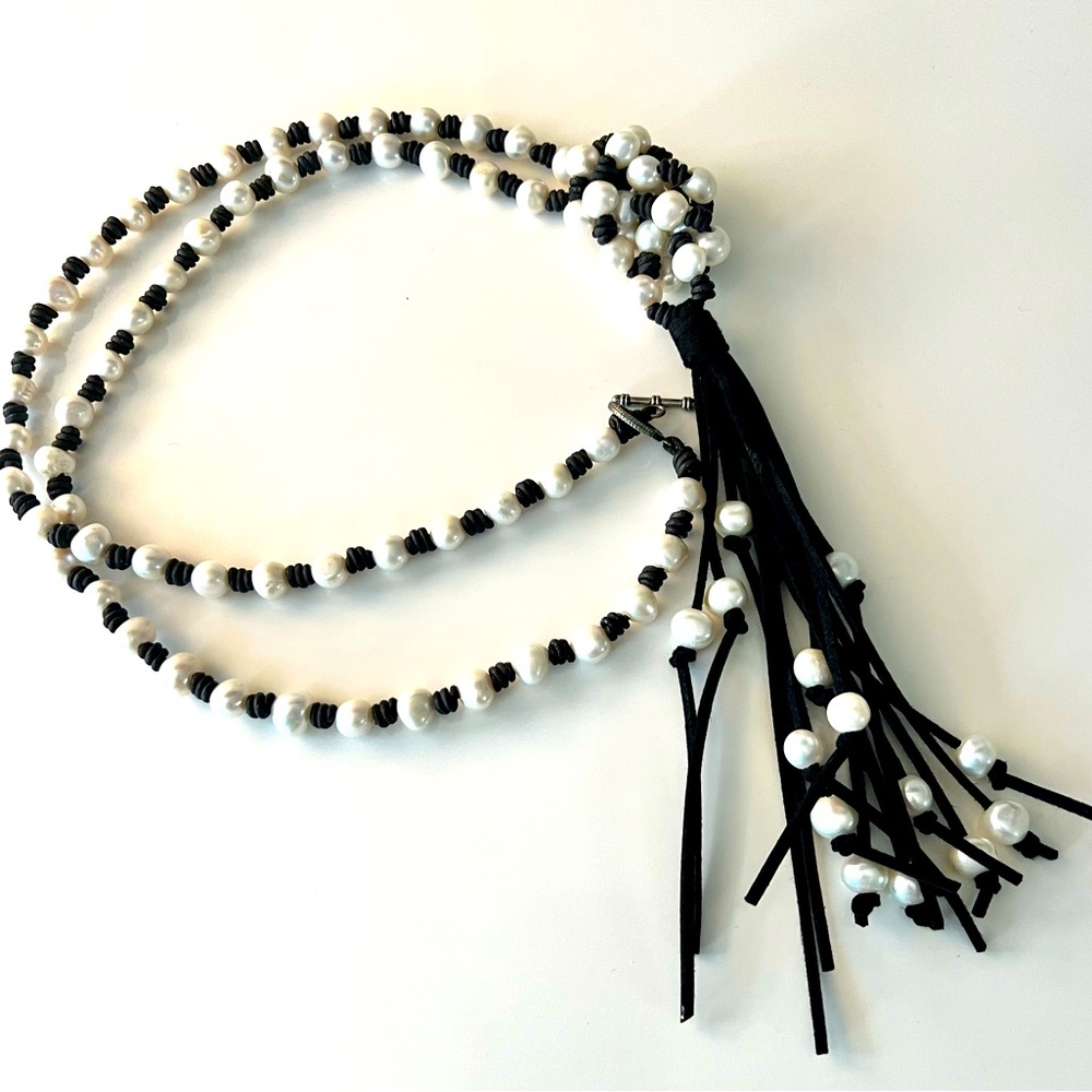 NEW Boho Chic Pearl & Black Suede Necklace